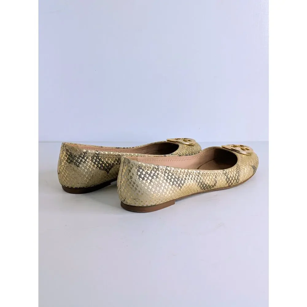 Tory Burch Reva Ballet Flats 7.5 Tan Gold Snakeskin Print Metallic Logo Round